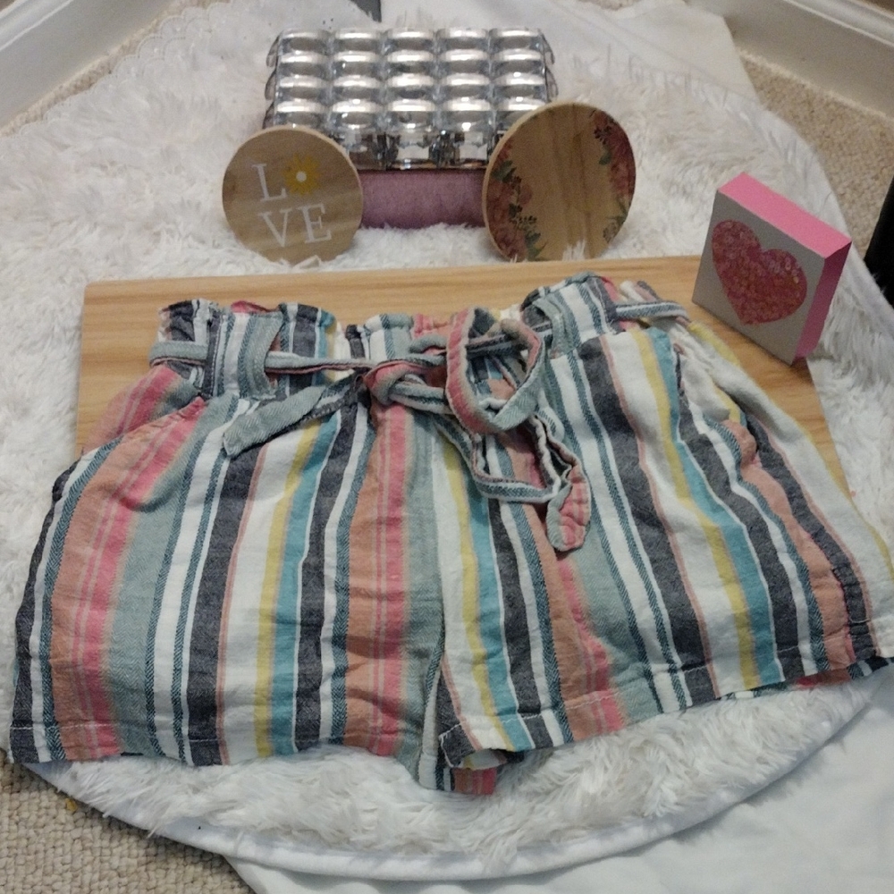 Angel Kiss Multicolor Striped High Belted Waist Linen Boho Shorts Large